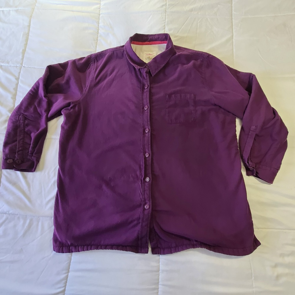 LL Bean Fleece Lined Shirt Jacket Womens 1X Purple Cotton Button Up Shacket